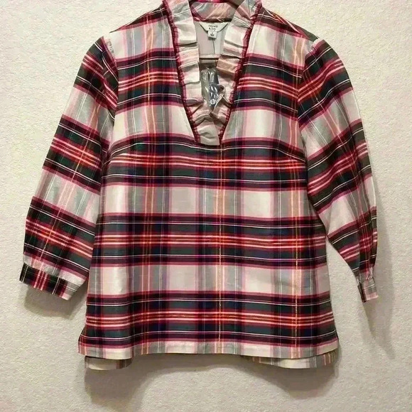 Crown & Ivy Womens Plaid Satin‎ Ruffle V-neck Blouse Top Small Multi Colored NWT - Picture 1 of 10